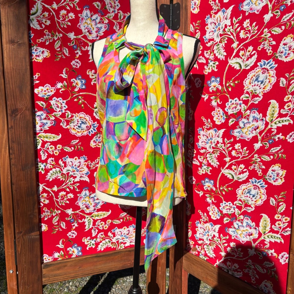 100% Silk Vibrant Multicolor Neck Tie Sleeveless Artsy Boho Chic Blouse Size S - Picture 10 of 13